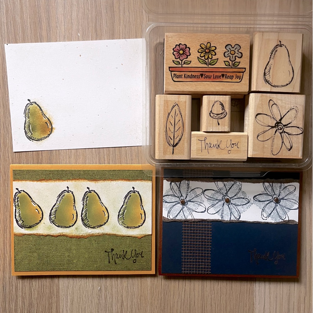 Handcrafted Pear and Floral Wood and Rubber Thank You Stamp Set Thank You Cards